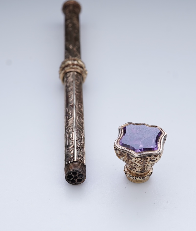 An early Victorian gold and amethyst mechanical pencil, mid 19th century